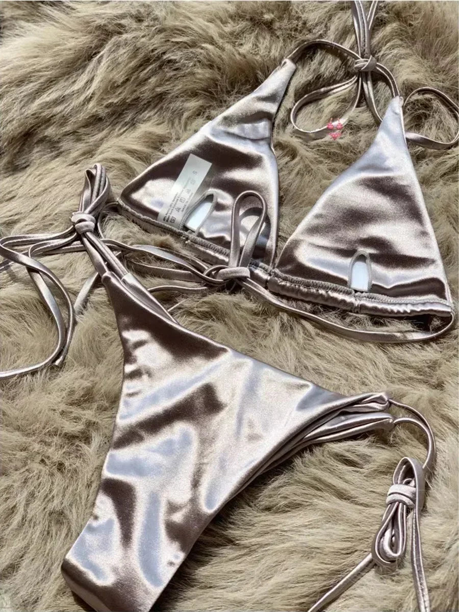 Metallic Halter Bikini Set