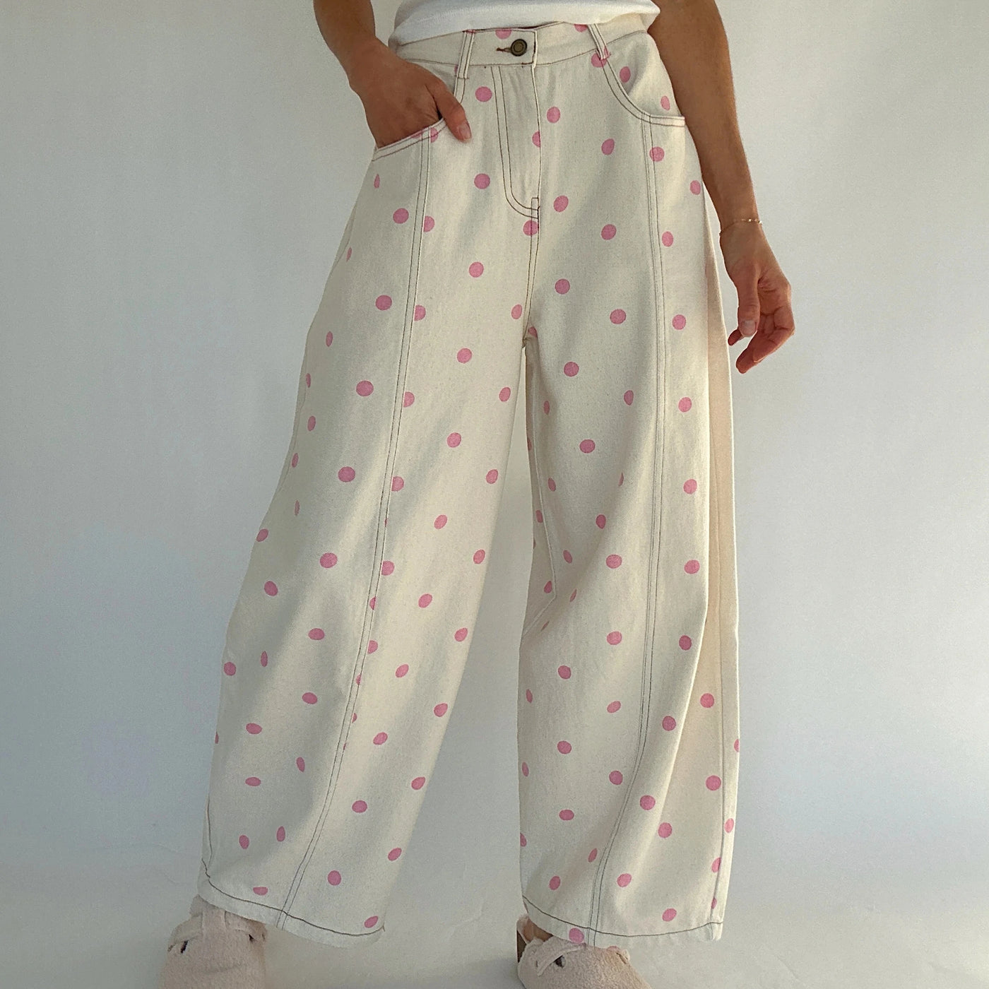 Dot Print Barrel Jeans