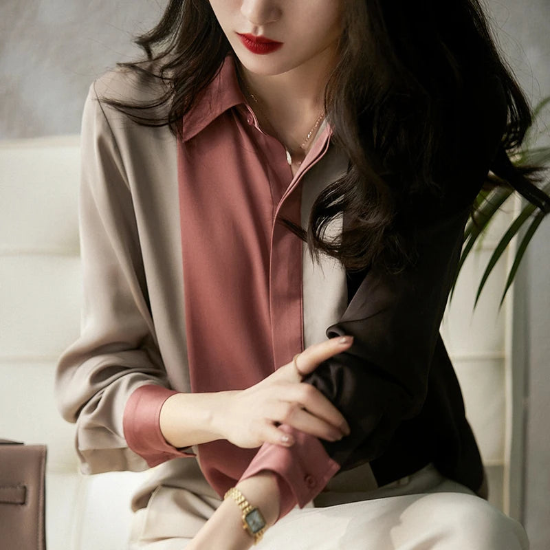 2025 Women Satin Button Blouse Autumn New Vintage Long Sleeve Polo Collar Women Shirt Elegant Loose Tops Clothing 18146