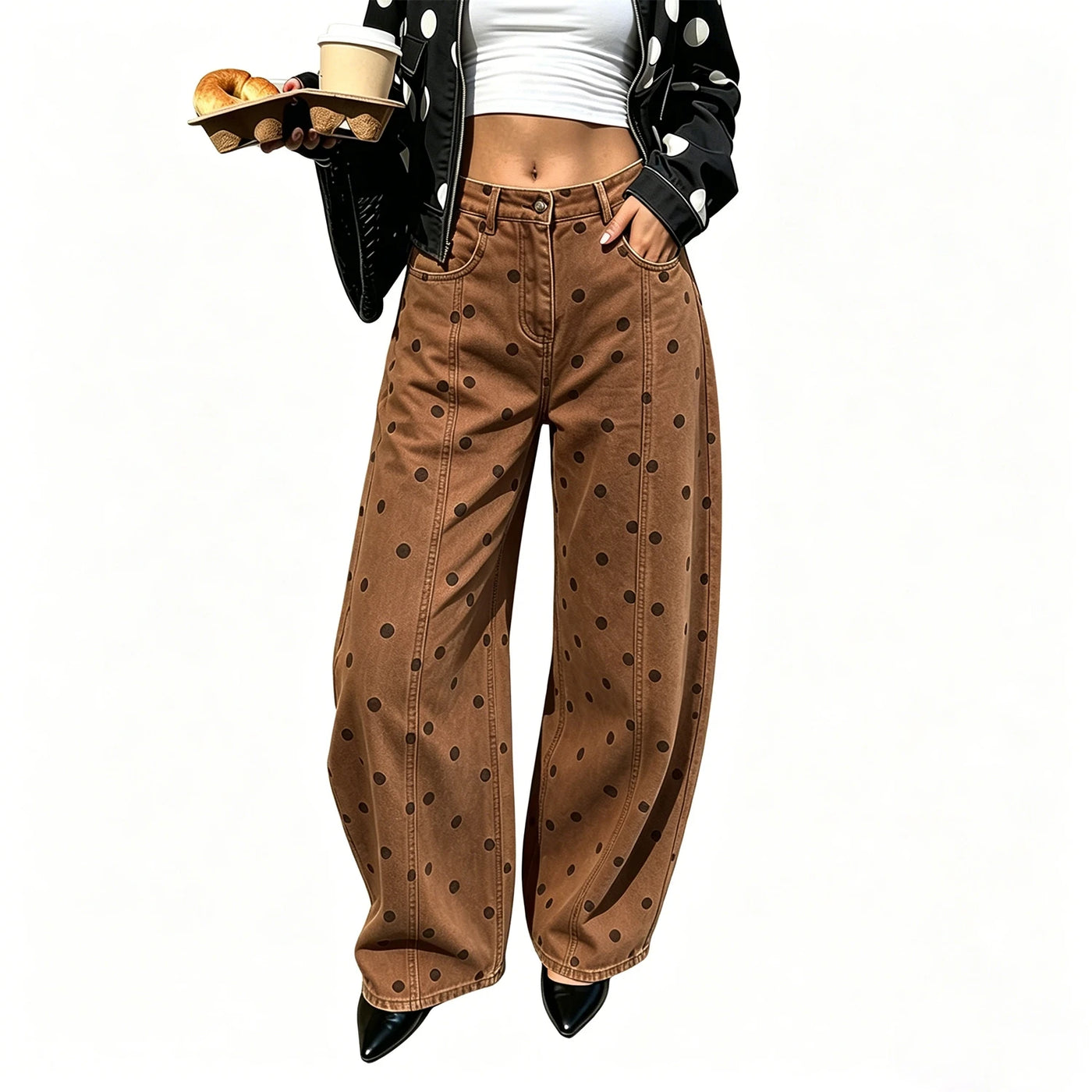 Dot Print Barrel Jeans