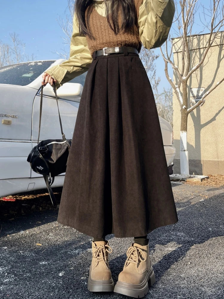 Corduroy Ruffle Belted Skirt