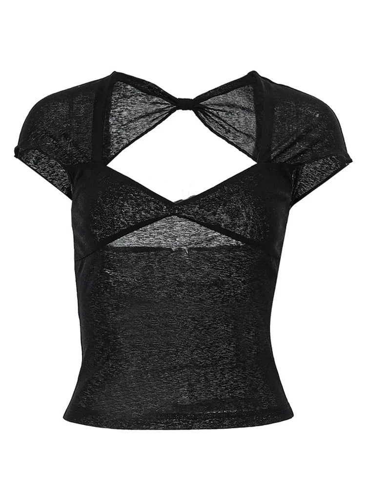 Square Collar Summer Sexy Backless Tops for Women Cropped Short Sleeve Elegant Top Tees Skinny Streetwear Clothe
