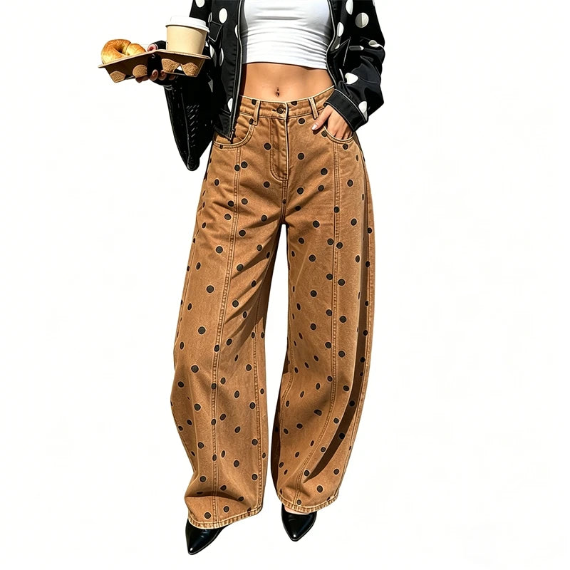 Dot Print Barrel Jeans