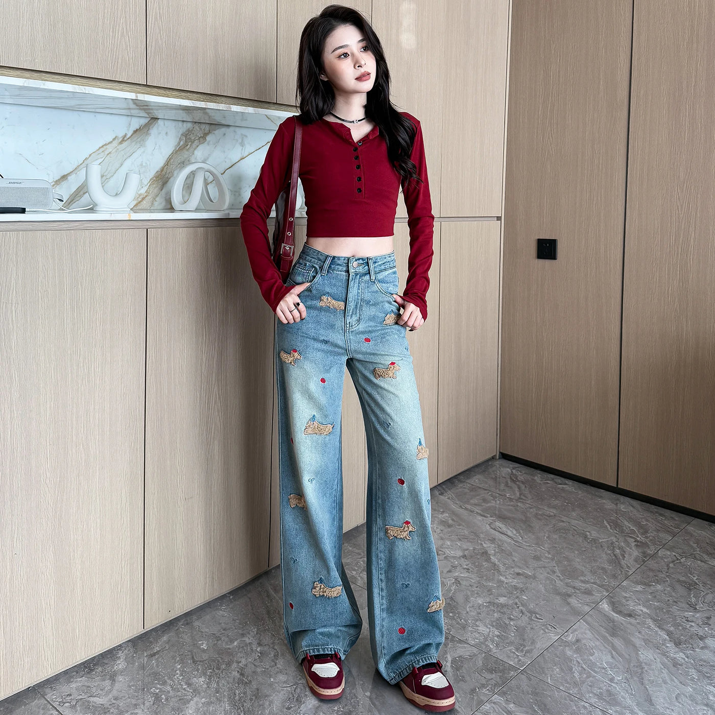 Embroidered Dog Denim Jeans