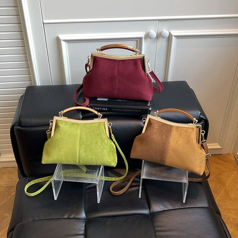 Suede Wooden Handle Bag