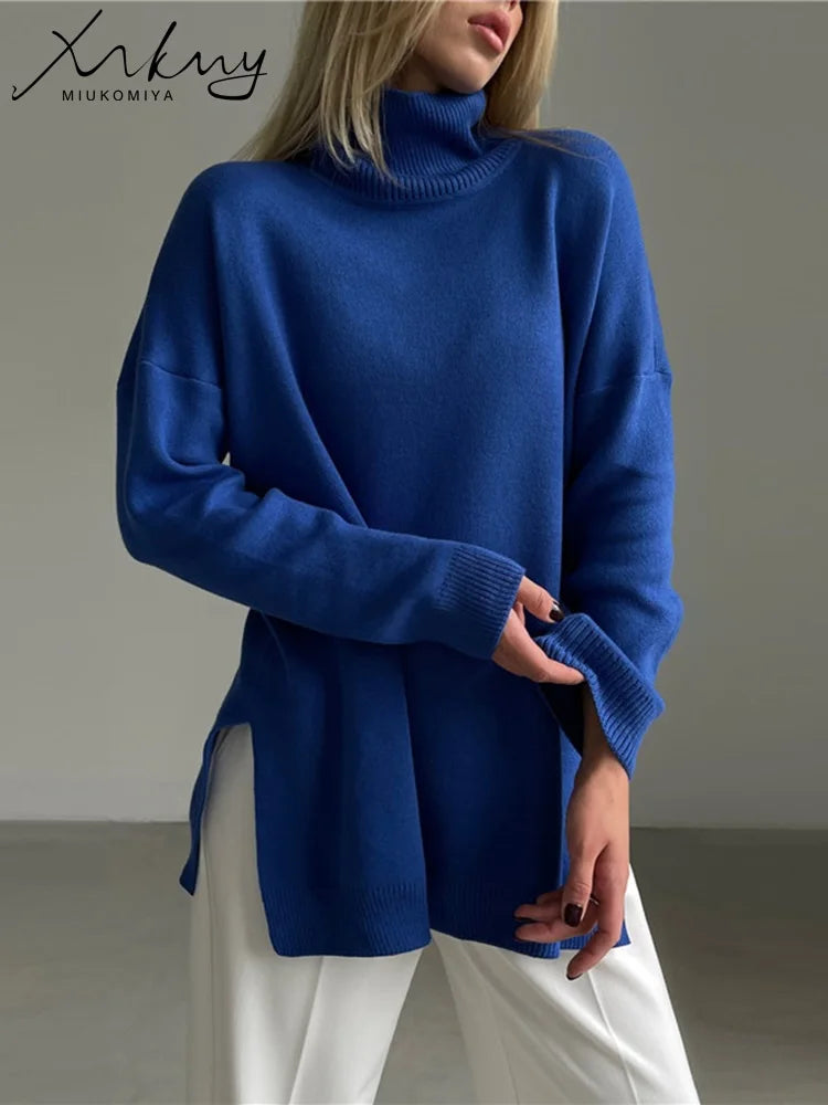 Autumn Winter Women's Sweaters Turtleneck Women Pulovers Side Split Knitted Jumpers Christmas Sweater Oversize Pull For Women