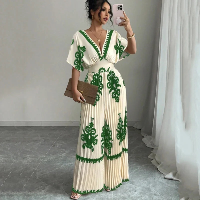 Printed Deep V Jumpsuit