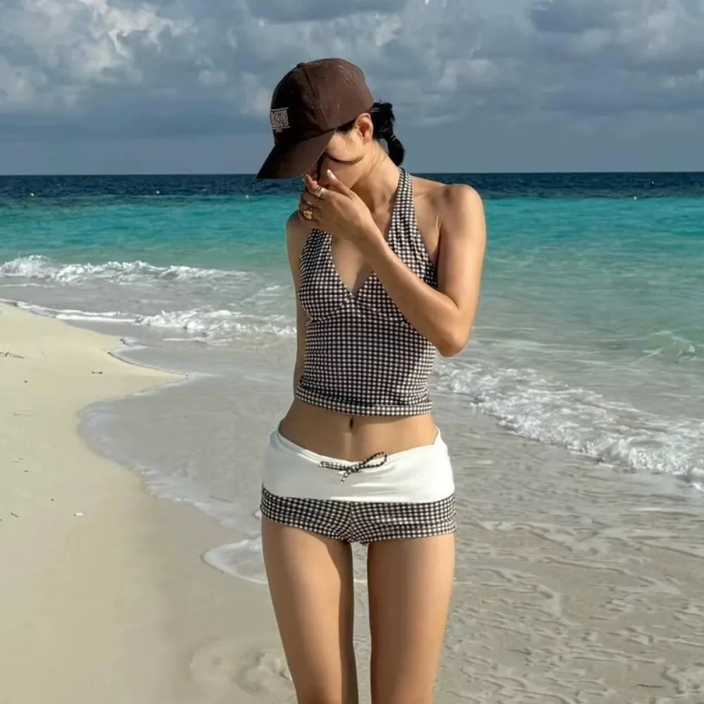 Checkered High-Waist Bikini Set