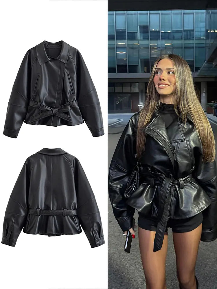 Faux Leather Belted Jacket