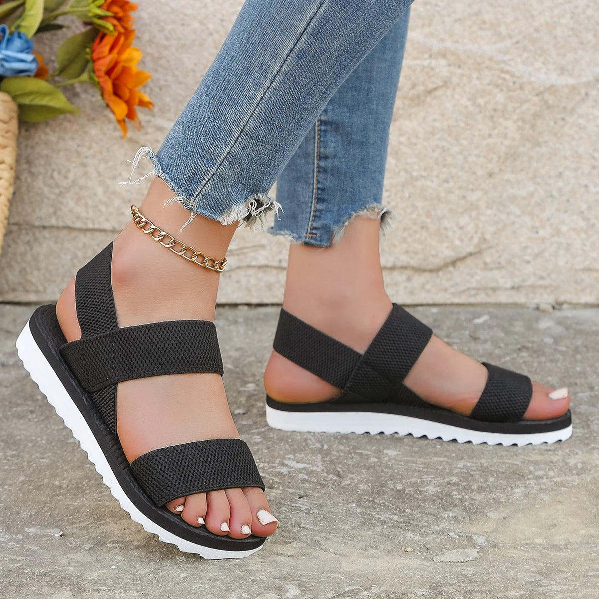 Black Shoelace Flat Sandals