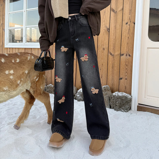 Embroidered Dog Denim Jeans
