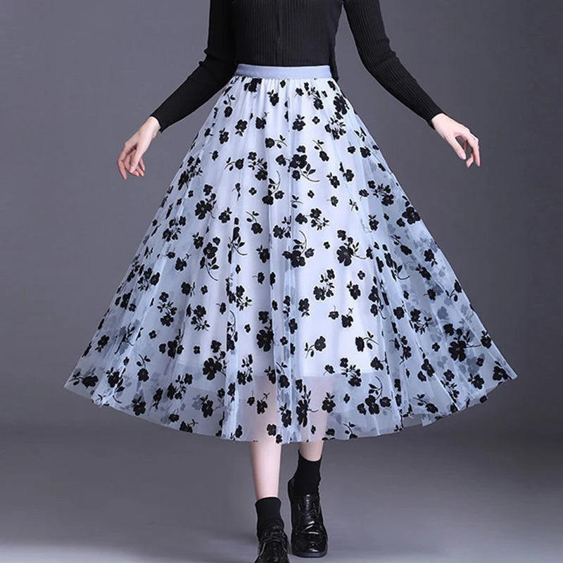 Floral Mesh Midi Skirt