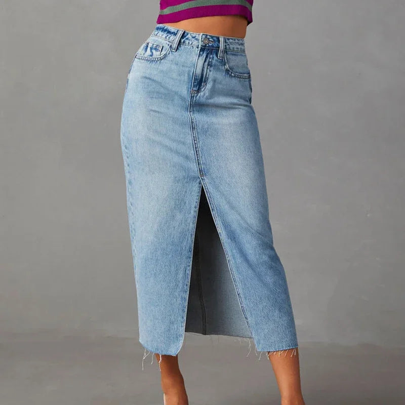 Washed Denim Split Skirt