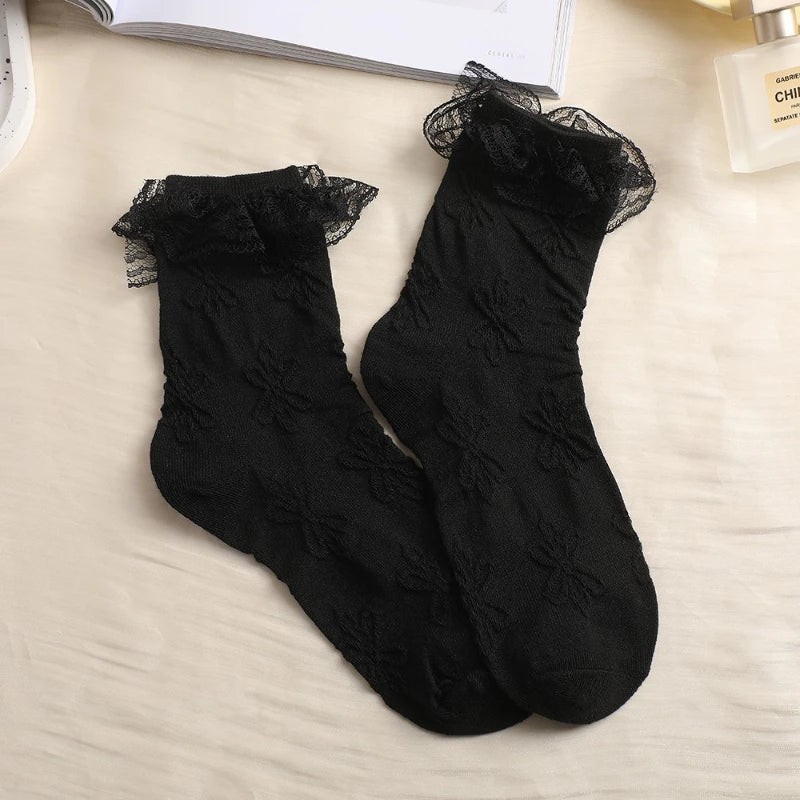 JK Japanese Lace Bow Ruffle Socks Kawaii Lolita Short Socks Cotton Socks Lacework Stockings Women's Mid-tube Solid Stockings