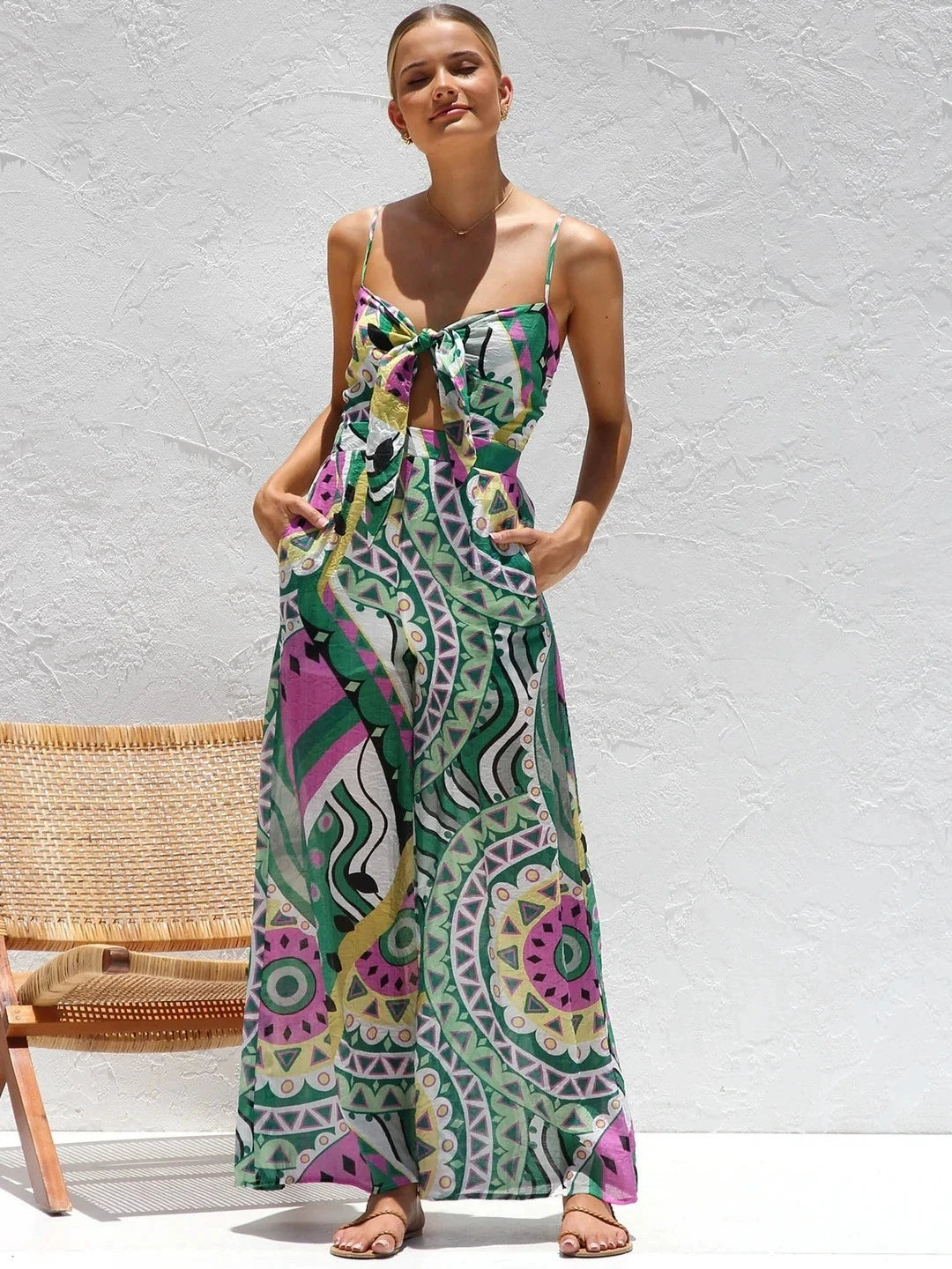 Bowknot Print Vacation Jumpsuit