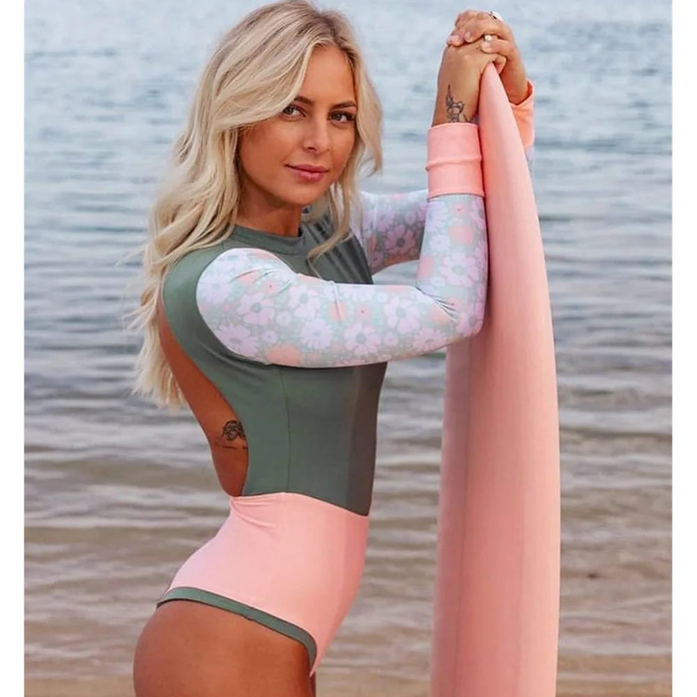 Long Sleeve Swimwear Surfing Bathing Suit Women Black and Print One Piece Swimsuit Retro Swimsuit Vintage One-piece Swim Suits
