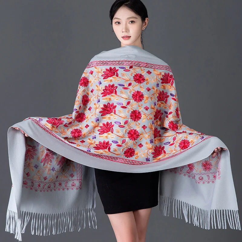 Embroidered Cashmere-Feel Shawl