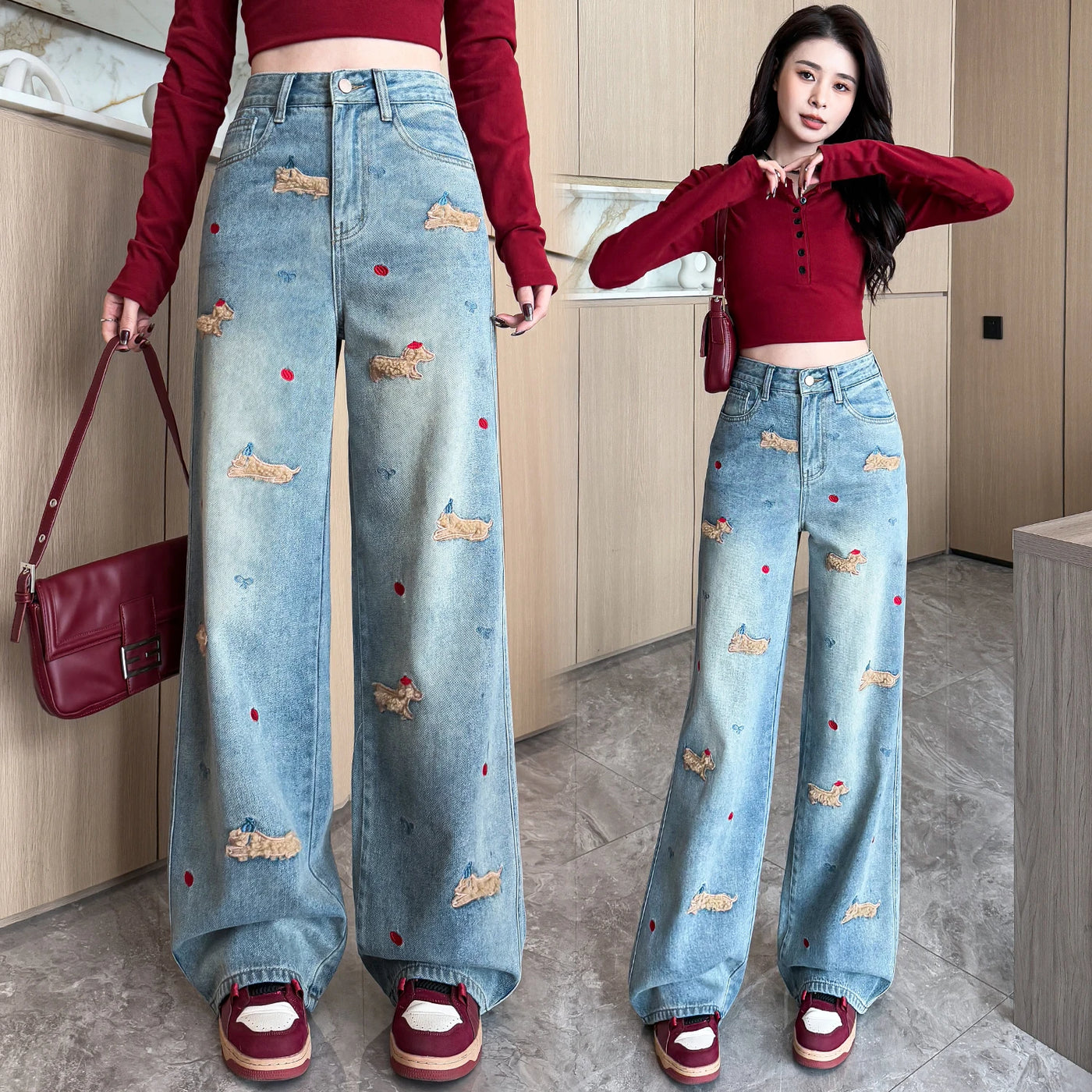 Embroidered Dog Denim Jeans