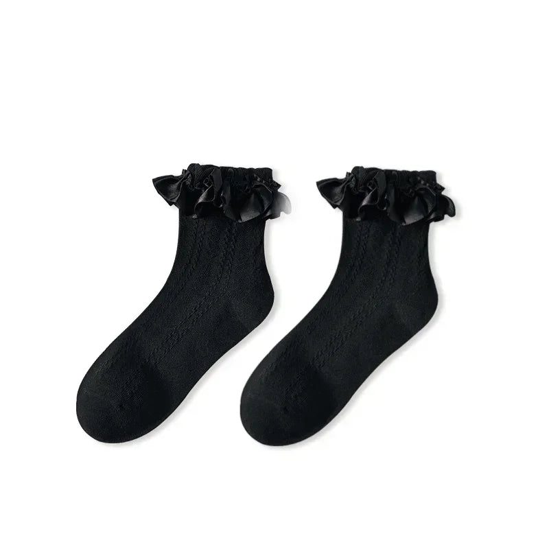 JK Japanese Lace Bow Ruffle Socks Kawaii Lolita Short Socks Cotton Socks Lacework Stockings Women's Mid-tube Solid Stockings