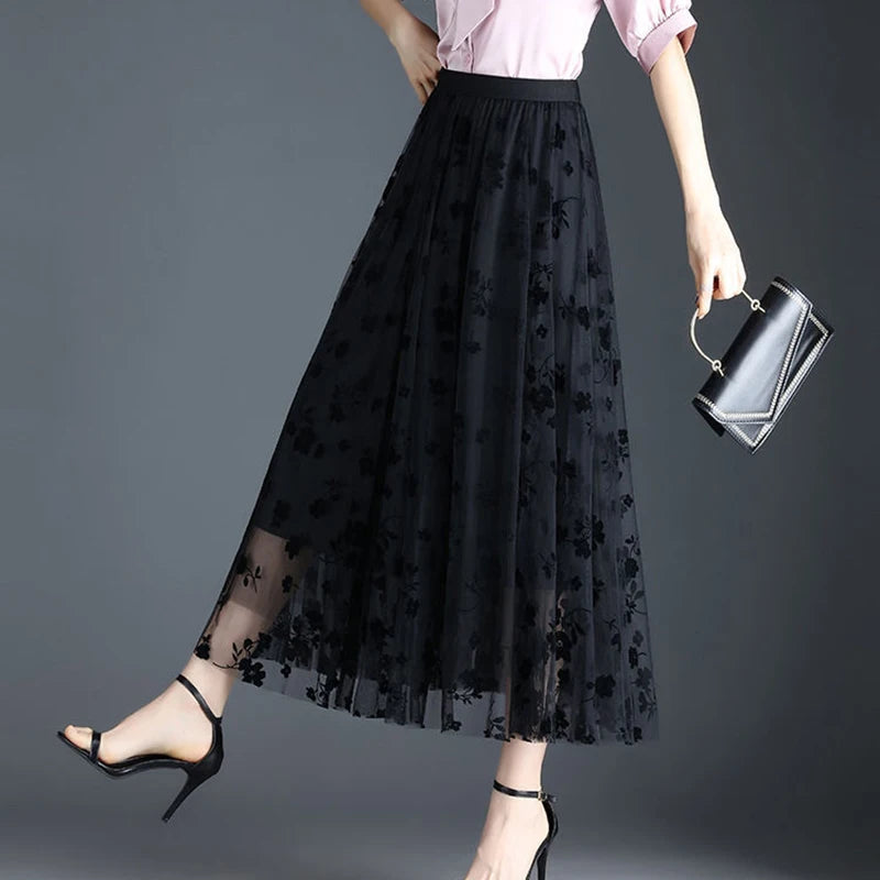 Floral Mesh Midi Skirt