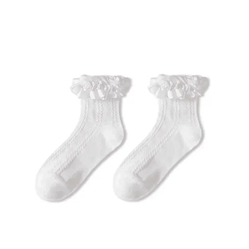JK Japanese Lace Bow Ruffle Socks Kawaii Lolita Short Socks Cotton Socks Lacework Stockings Women's Mid-tube Solid Stockings