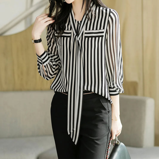 Summer Autumn Elegant Fashion office lady Striped Printing fashion woman blouses 2024 Temperament Long Sleeve Shirt t shirt wome