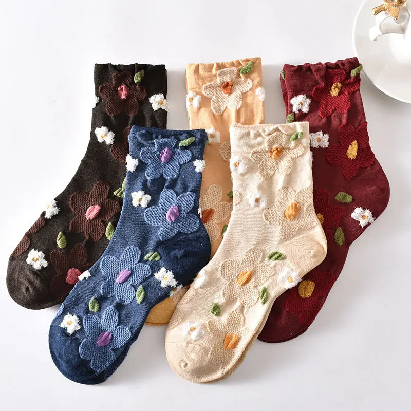 5 Pairs/ Lot Dreamlikelin Woman Socks Harajuku Retro Embroidery Spring 3D Knitting Flowers Embossed Print Lolita Christmas Gift
