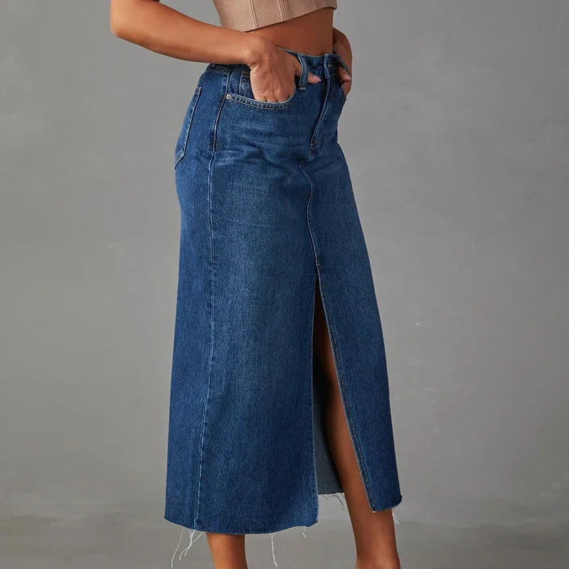 Washed Denim Split Skirt
