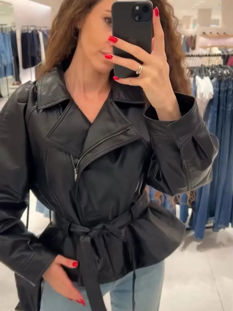 Faux Leather Belted Jacket
