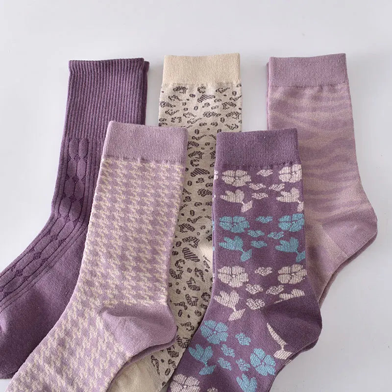 5 Pairs/ Lot Dreamlikelin Woman Socks Harajuku Retro Embroidery Spring 3D Knitting Flowers Embossed Print Lolita Christmas Gift