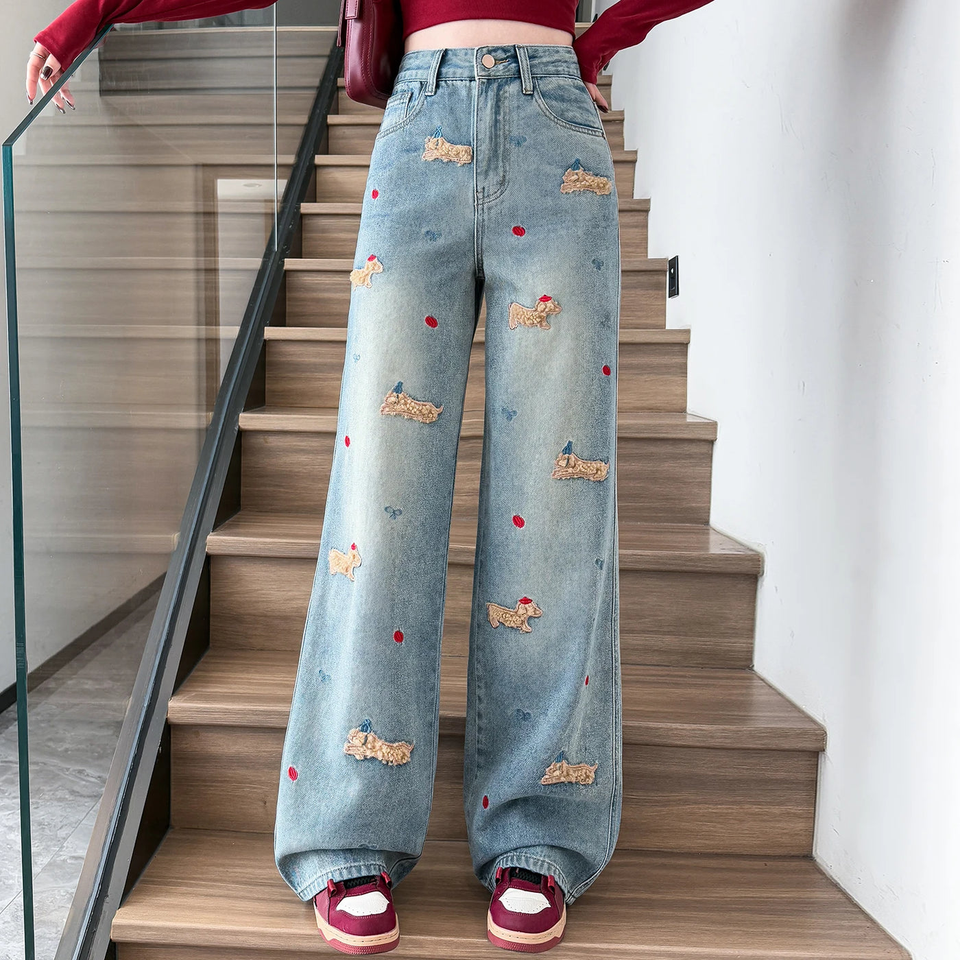 Embroidered Dog Denim Jeans