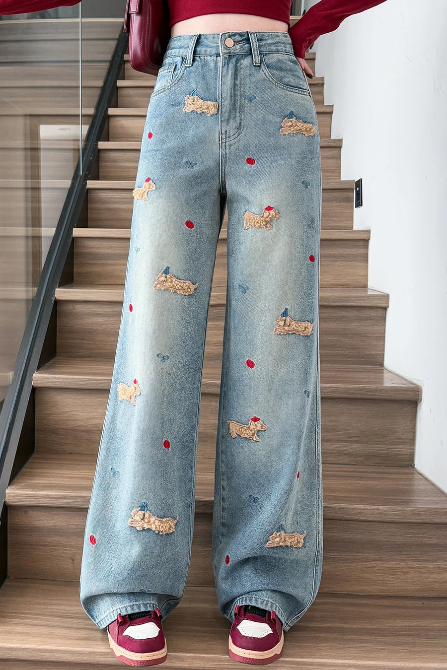 Embroidered Dog Denim Jeans