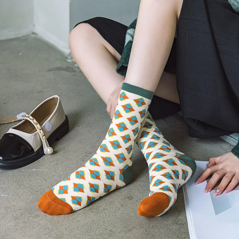 Women's Cute Colored Long Socks - Diamond, Fruit, and Flower Pattern Socks
