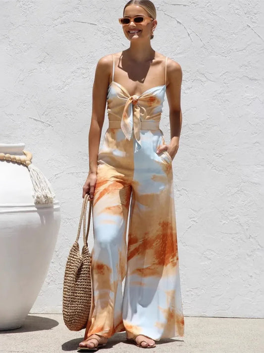 Bowknot Print Vacation Jumpsuit