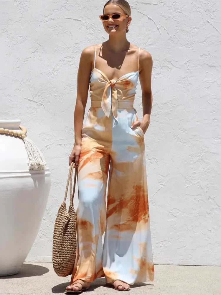 Bowknot Print Vacation Jumpsuit
