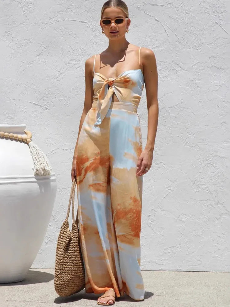 Bowknot Print Vacation Jumpsuit