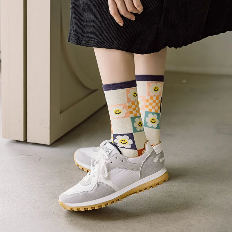 Women's Cute Colored Long Socks - Diamond, Fruit, and Flower Pattern Socks