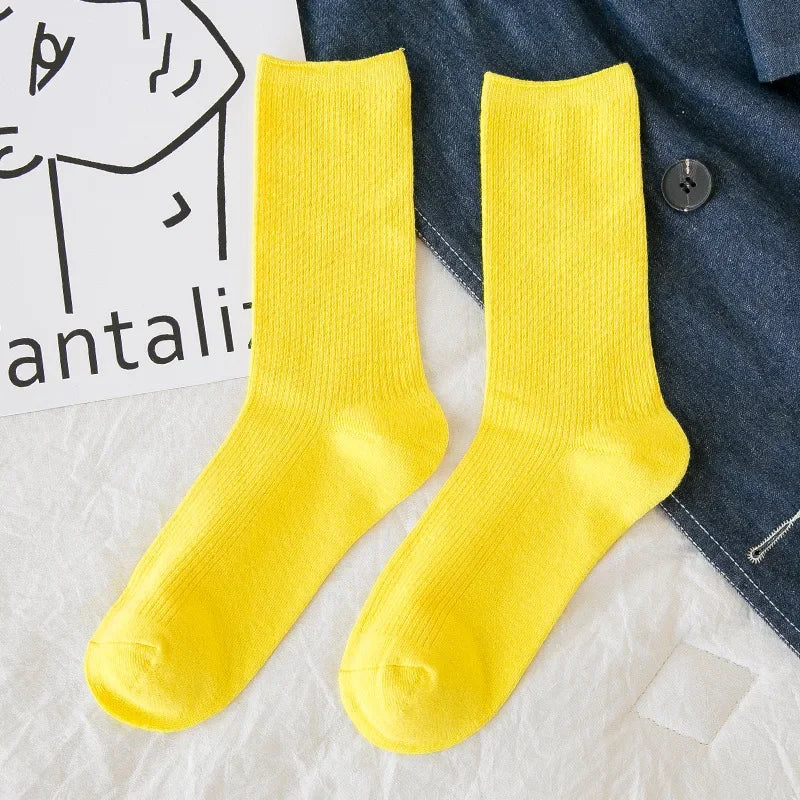 New Women Socks Fashion Solid Color Crew Socks For Women Preppy Style Breathable Neon Color Long Korean White Socks Girl Casual