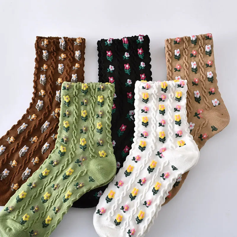5 Pairs/ Lot Dreamlikelin Woman Socks Harajuku Retro Embroidery Spring 3D Knitting Flowers Embossed Print Lolita Christmas Gift