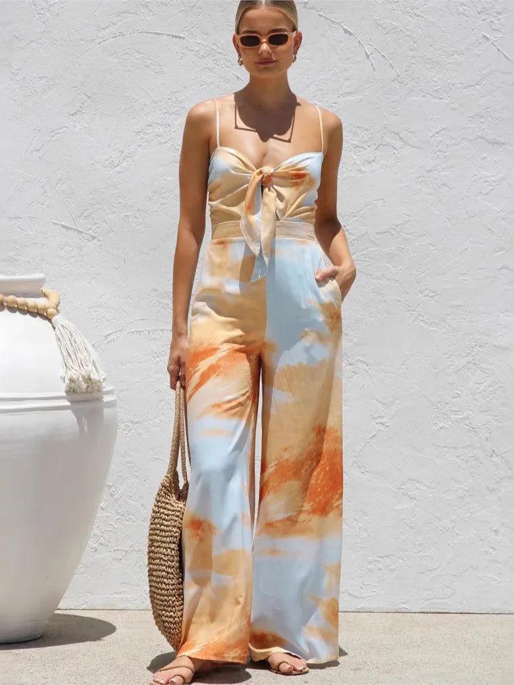 Bowknot Print Vacation Jumpsuit