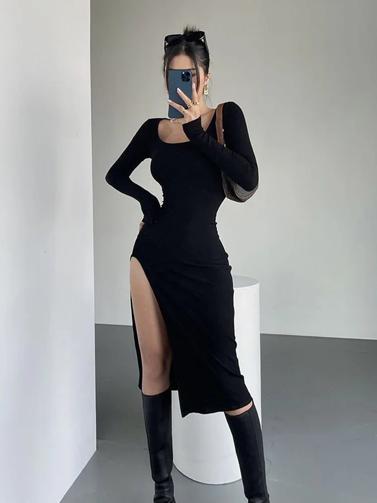 Black Rib Split Dress