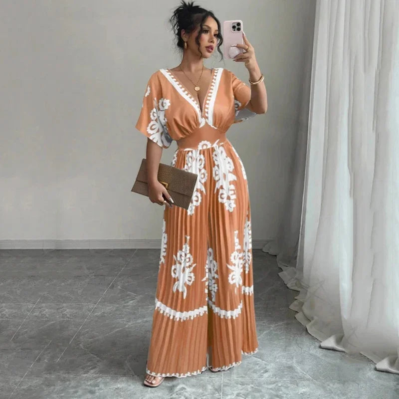 Printed Deep V Jumpsuit