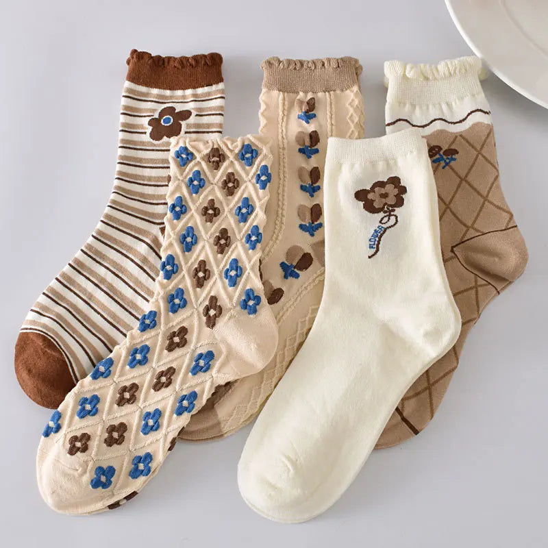 5 Pairs/ Lot Dreamlikelin Woman Socks Harajuku Retro Embroidery Spring 3D Knitting Flowers Embossed Print Lolita Christmas Gift