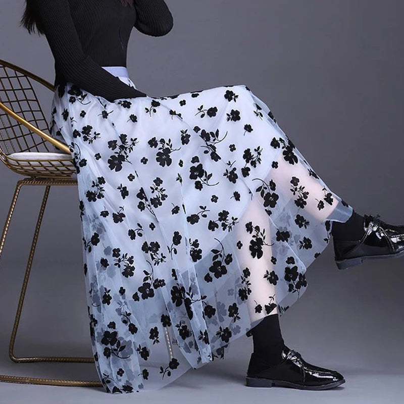 Floral Mesh Midi Skirt