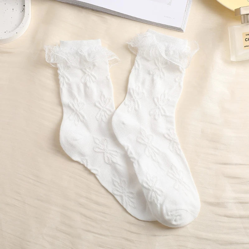 JK Japanese Lace Bow Ruffle Socks Kawaii Lolita Short Socks Cotton Socks Lacework Stockings Women's Mid-tube Solid Stockings