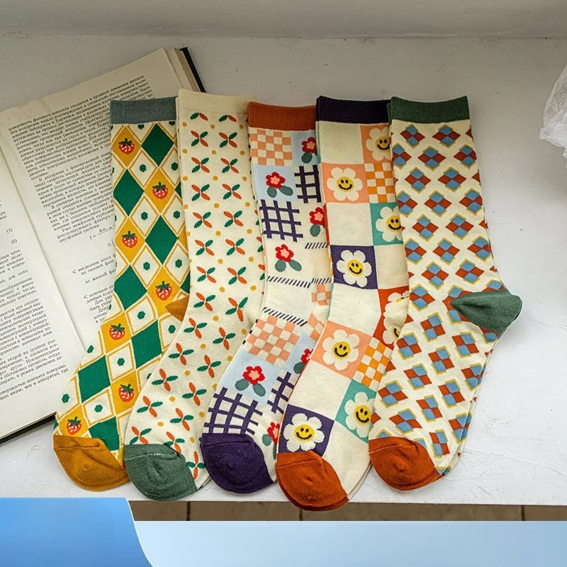 Women's Cute Colored Long Socks - Diamond, Fruit, and Flower Pattern Socks