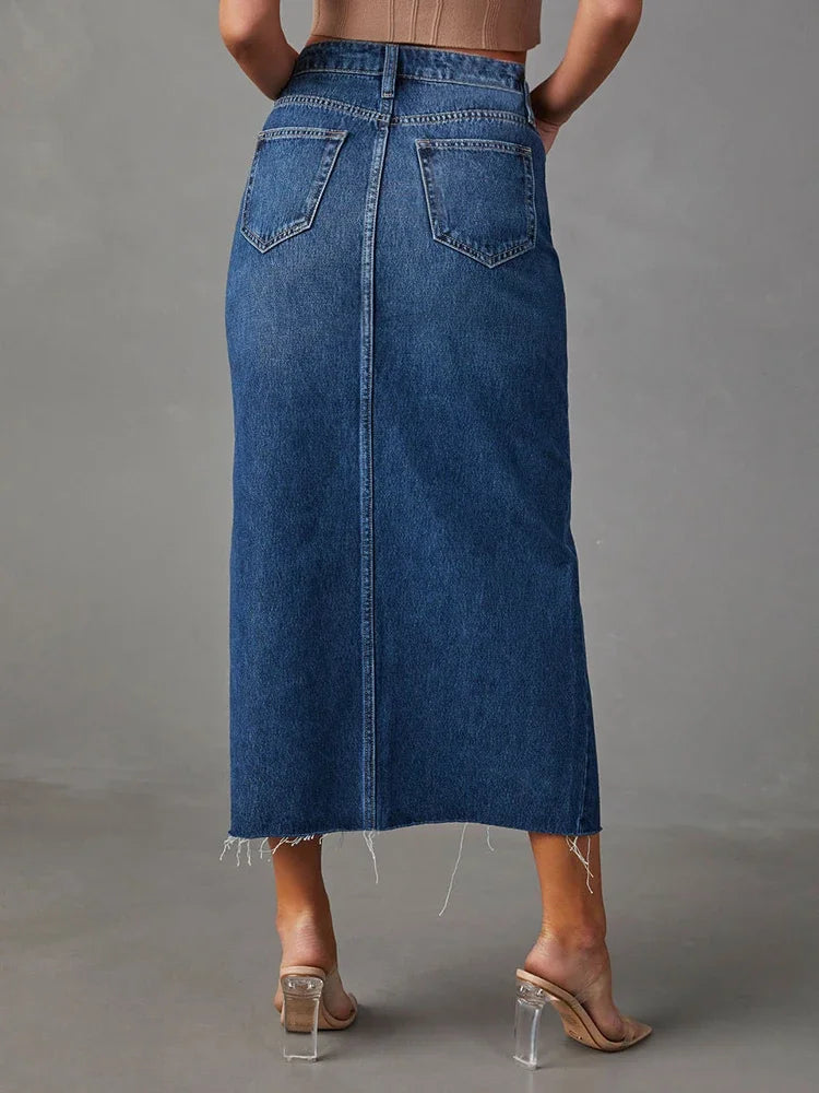 Washed Denim Split Skirt