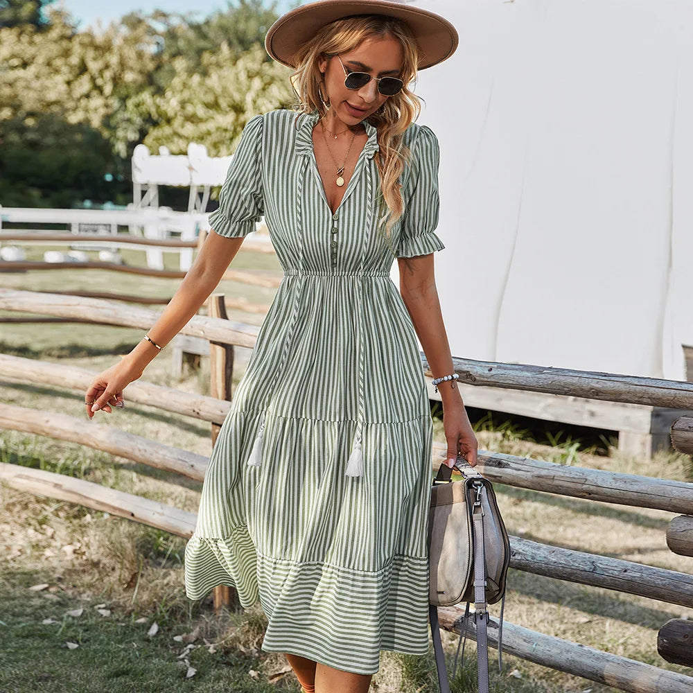 Striped Lantern Sleeve Dress