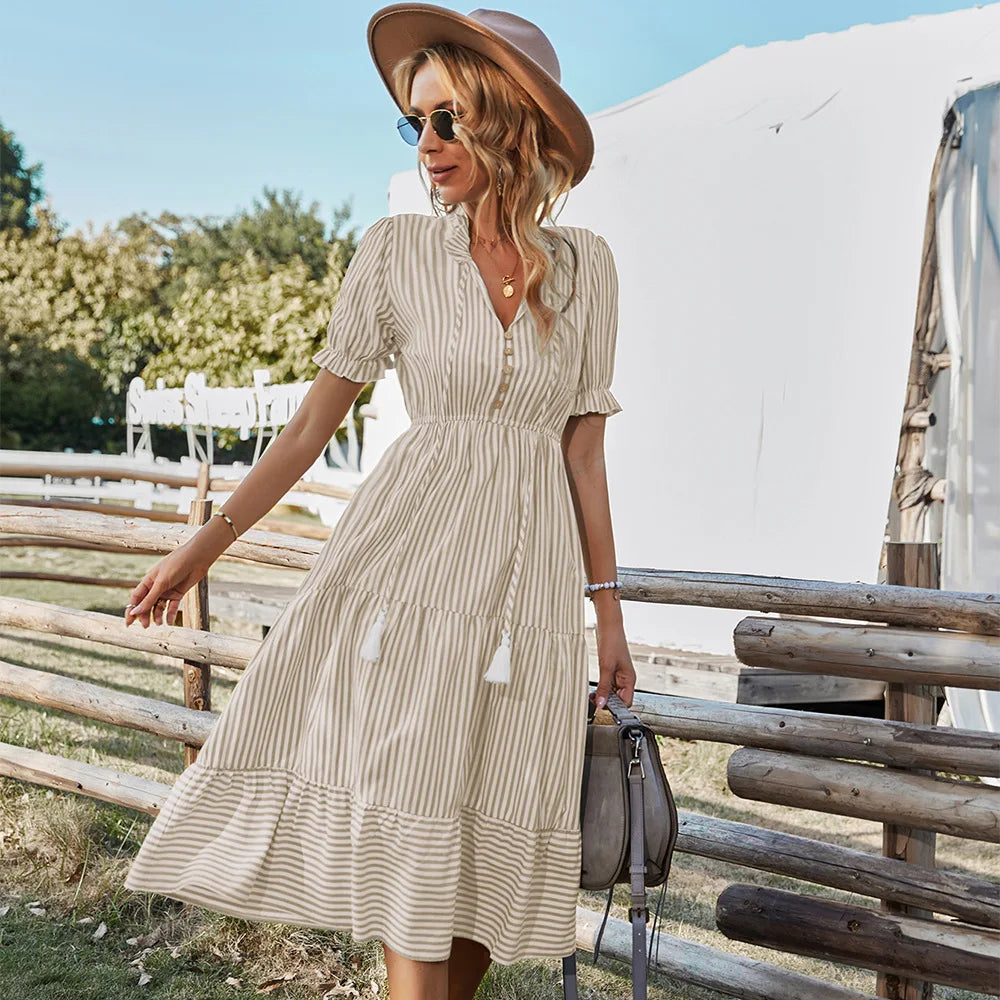 Striped Lantern Sleeve Dress