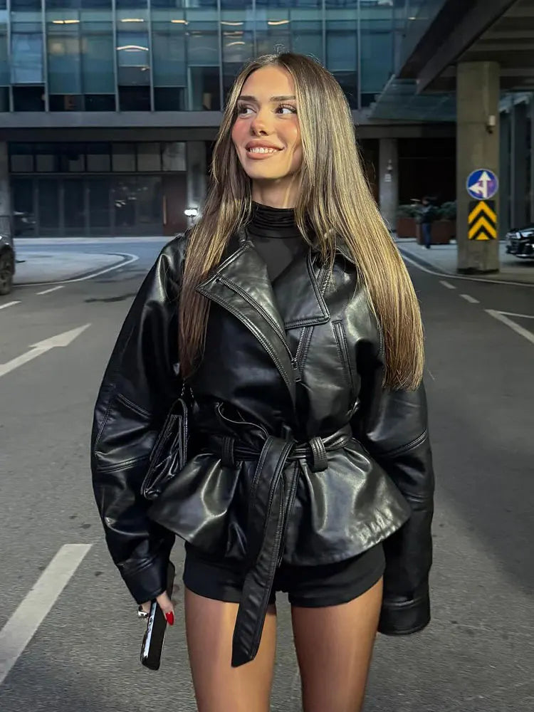 Faux Leather Belted Jacket